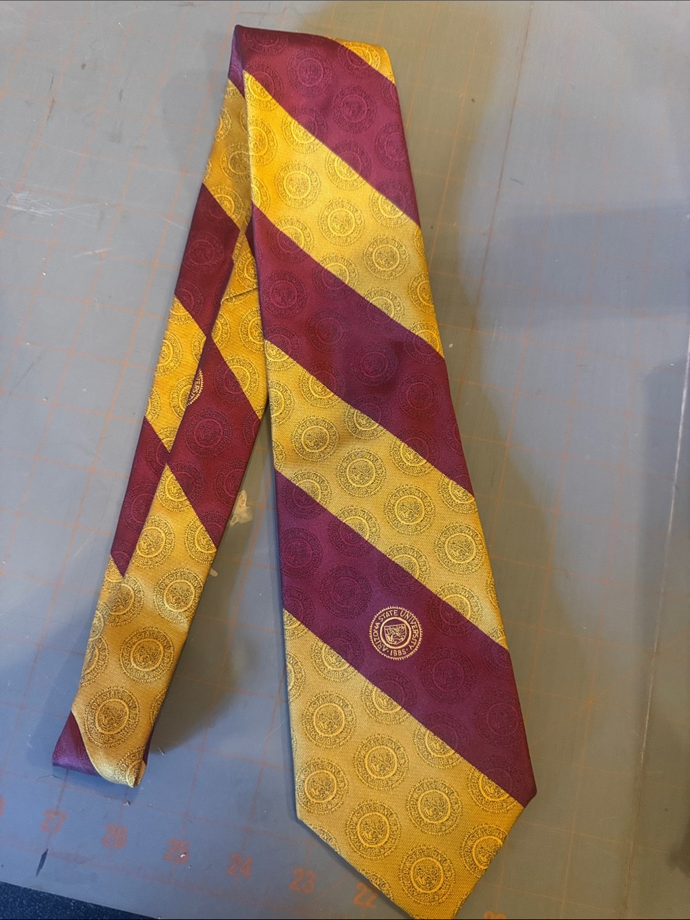 Vintage ASU Men's Burgundy and Gold Diagonal Stripe Tie